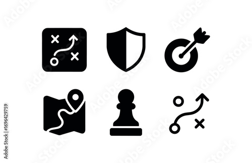 flat black solid icon items isolated on white background: battle tactic shield icon arrow map line move piece plan