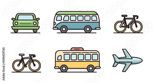 Vector Illustration of Different Transportation Methods Including Car Bus Bicycles and Airplane for Travel or Commuting