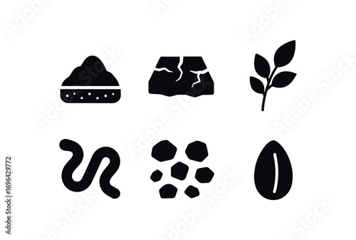 flat black solid icon items isolated on white background: fertile soil cracked ground leaf sprig worm icon stone bits seed