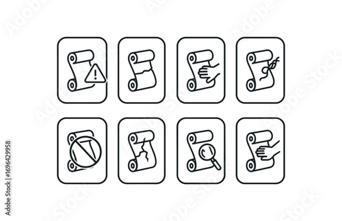 simple outline stroke icon 8 different each item inside rounded rectangle safety placard border no shadows no gradients scroll spindle hazard broken scroll spindle warning scroll spindle