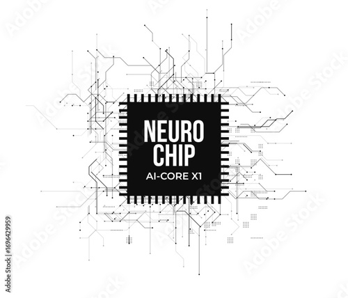 Futuristic AI microchip logo simulating brain-computer interface. Advanced neurotechnology, data transfer, cognitive computing for biotech, robotics, medical innovation. Vector illustration.