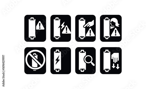 flat black solid icon 8 different items each item inside solid rounded rectangle safety placard no shadows no gradients scroll spindle hazard broken scroll spindle warning scroll spindle