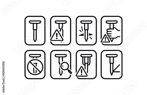 simple outline stroke icon 8 different each item inside rounded rectangle safety placard border no shadows no gradients rivet stem hazard broken rivet stem warning rivet stem pinch hazard