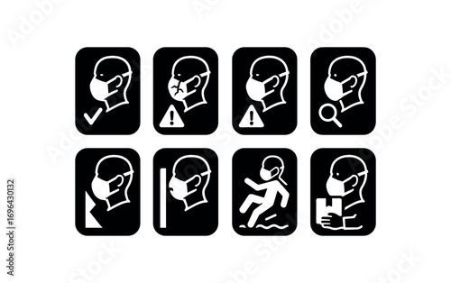 flat black solid icon 8 different items each item inside solid rounded rectangle safety placard no shadows no gradients mask cheek guard hazard broken mask cheek guard warning mask cheek