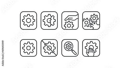 simple outline stroke icon 8 different each item inside rounded rectangle safety placard border no shadows no gradients cog gear rim hazard broken cog gear rim warning cog gear rim pinch