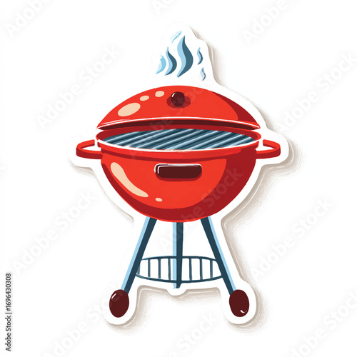 Vibrant Red Kettle Grill Ready for a Backyard Barbecue Party with Rising Smoke and Fun Design