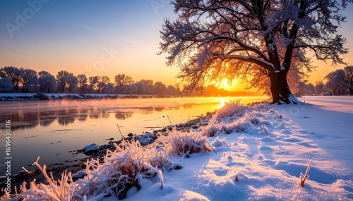 Snowy winter sunrise over a river.  Frosty landscape with a large tree silhouetted against the golden sun