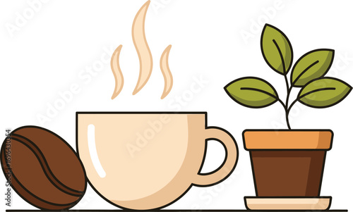 Steaming cup of coffee next to a coffee bean and a small potted plant, symbolizing growth and morning ritual.