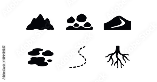 flat black solid icon items isolated on white background: terrain boulder field sand dune muddy ground path line root