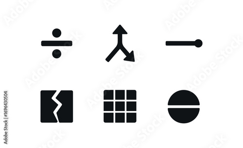 flat black solid icon items isolated on white background: division split arrow half line broken chart grid section cut