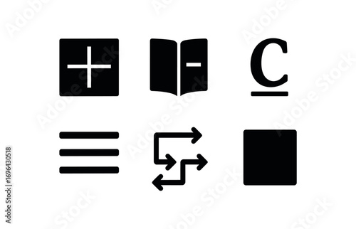 flat black solid icon items isolated on white background: section book page chapter paragraph lines arrow flow box