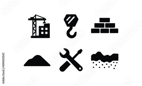 flat black solid icon items isolated on white background: building site crane hook stacked bricks soil base tool icon ed ground