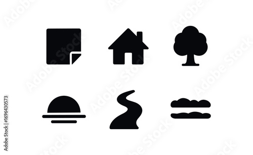 flat black solid icon items isolated on white background: story setting house icon tree edge sun arc river sky band