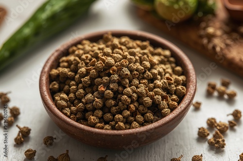 Bowl of dried green pepperc...