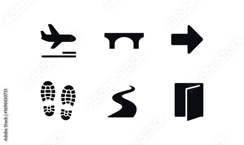 flat black solid icon items isolated on white background: steady approach bridge span trail arrow boot prints curve path entry