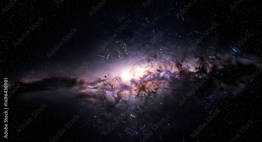 Fototapeta premium Vibrant Cosmic Galaxy with Luminous Core and Starry Dust Clouds