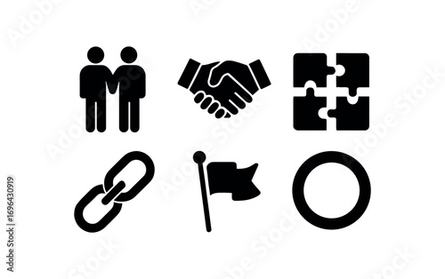 flat black solid icon items isolated on white background: partnership handshake icon puzzle fit chain shared flag circle ring