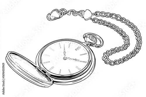 Vintage pocket watch illustration with chain for design and antique clockwork concept