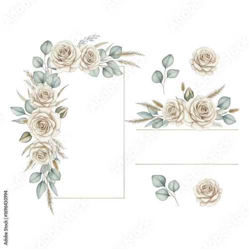 Cream rose and eucalyptus floral arrangement isolated on transparent background