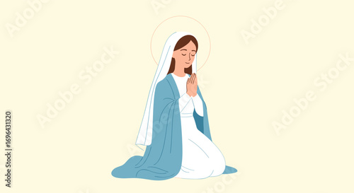 A serene portrait of mother mary kneeling in prayer a symbol of faith and devotion
