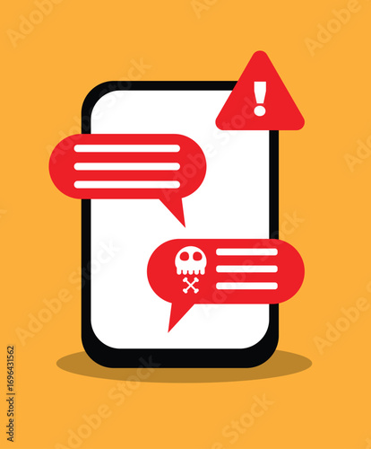 Warning Sign Smartphone with Spam Messages Colorful Background. Security and safety while browsing the web or logging in