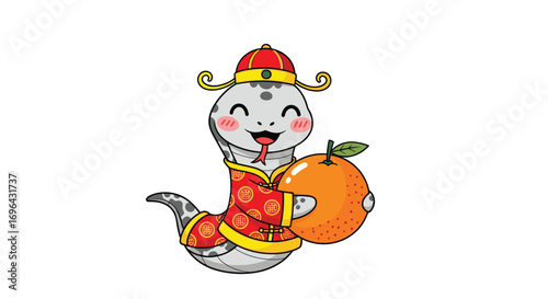 Adorable cartoon snake character celebrating lunar new year with a lucky orange fruit