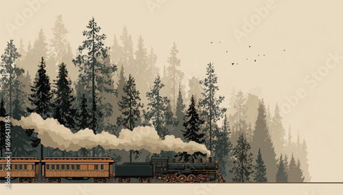 Vintage Steam Train Journey Through a Dense Forest with Birds in Flight Scenic Landscape