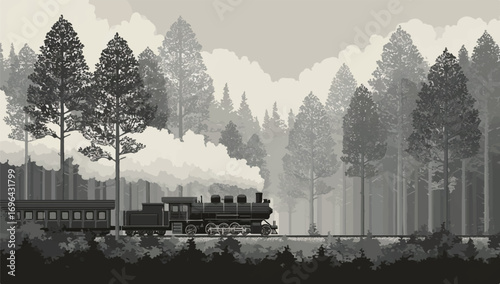 Vintage Steam Train Journeying Through Forest Scenery Artistic Gray Tones Classic Transportation Nostalgic Adventure Vector Art Illustration