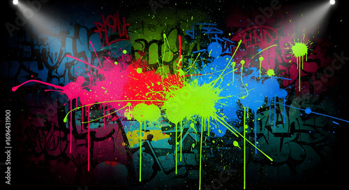 Dynamic Paint Splashes and Graffiti Wall Background with Bright Illumination