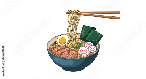Delicious bowl of japanese ramen noodles with slices of pork and egg served with chopsticks and seaweed