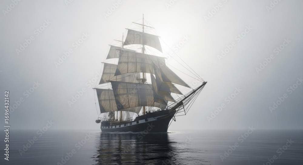 Fototapeta premium A majestic sailing vessel navigates through a tranquil, misty sea, showcasing a serene, historical ambiance.