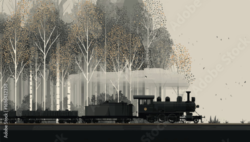 Vintage steam train traversing through a dense forest of birch trees in a stylized illustration