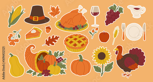 A collection of fall-themed stickers, including a pumpkin, a turkey, a pie, and a glass of wine