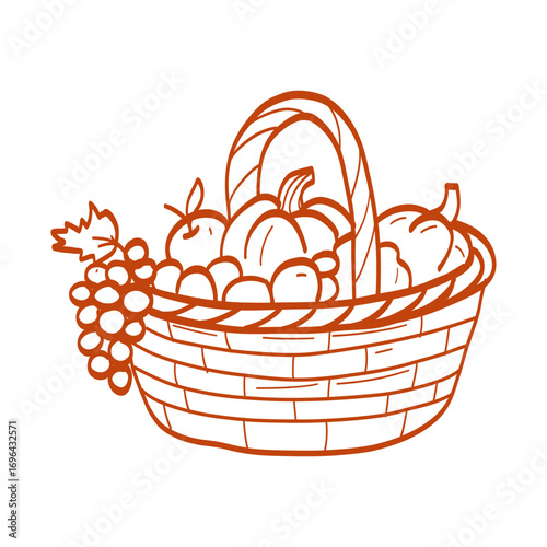 A drawing of a cornucopia with a variety of fruits and vegetables. The cornucopia is orange and has a cone shape. The fruits and vegetables include apples, oranges, and carrots