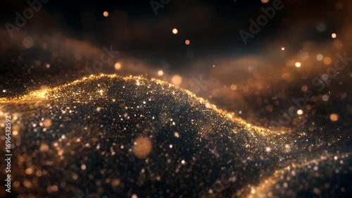 A closeup of a golden, shimmering particles that appear to be in motion, creating a sense of depth and movement. The particles are densely packed, with varying shades of gold and blue.