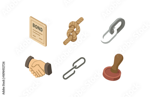isometric icon items isolated on white background bond rope knot chain loop handshake lines seal stamp