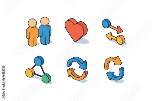 isometric icon items isolated on white background relationship two figures heart sign arrow shared icon cycle
