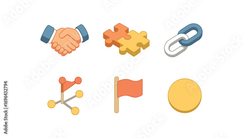 isometric icon items isolated on white background partnership handshake icon puzzle fit chain shared flag circle