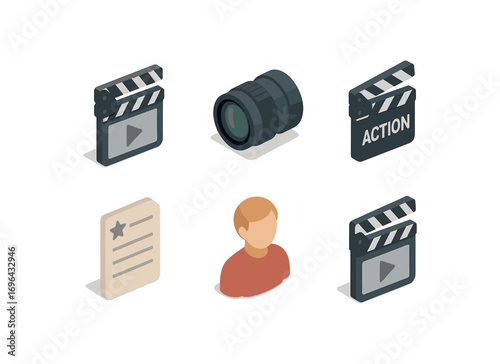isometric icon items isolated on white background movie scene camera lens action script sheet actor figure shot icon