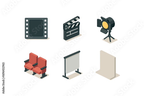isometric icon items isolated on white background scene film frame clapper board spotlight chair set backdrop