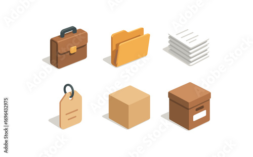 isometric icon items isolated on white background case folder file document stack label box shape archive icon
