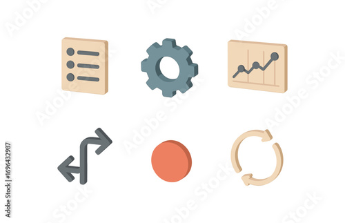 isometric icon items isolated on white background unique instance list gear cog data line arrow path circle dot
