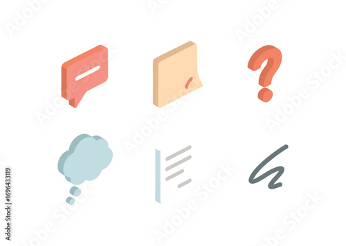 isometric icon items isolated on white background quick remark speech line question thought bubble text sheet pen stroke