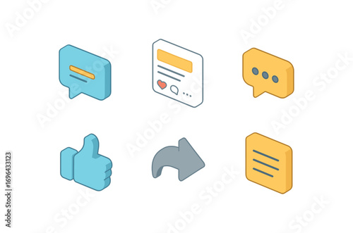 isometric icon items isolated on white background online comment post frame speech dots like reply arrow note line