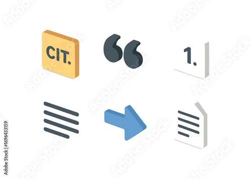 isometric icon items isolated on white background citation quotes page number text lines arrow icon document sheet