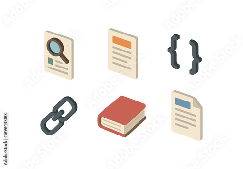 isometric icon items isolated on white background research citation article page bracket note line book icon report file