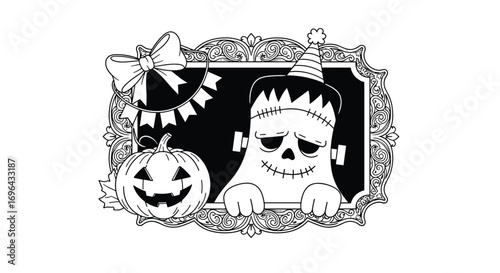 Whimsical halloween illustration featuring a friendly monster and a jack o lantern for spooky celebrations and festive occasions