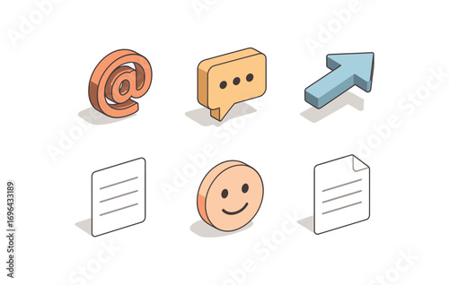 isometric icon items isolated on white background mention speech bubble arrow note lines face icon text sheet