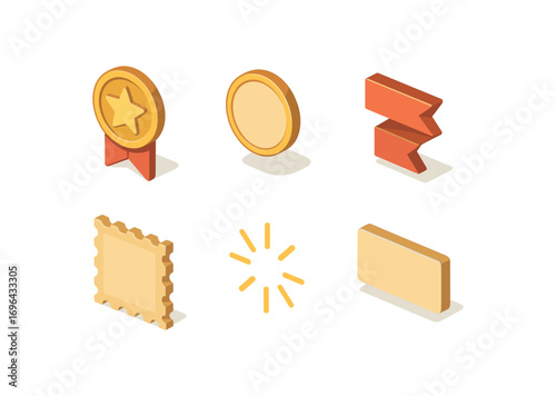isometric icon items isolated on white background honor badge circle pin ribbon fold stamp glow rays name