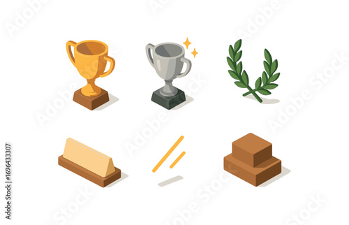 isometric icon items isolated on white background sports trophy silver cup laurel wreath name plate shine lines base stand